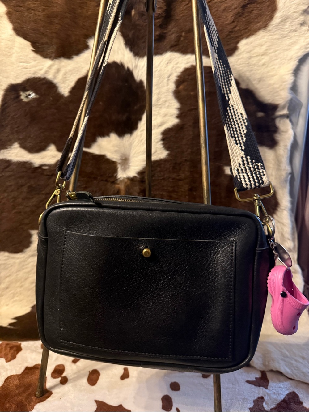 Madewell Black Leather Crossbody with Patterned Strap